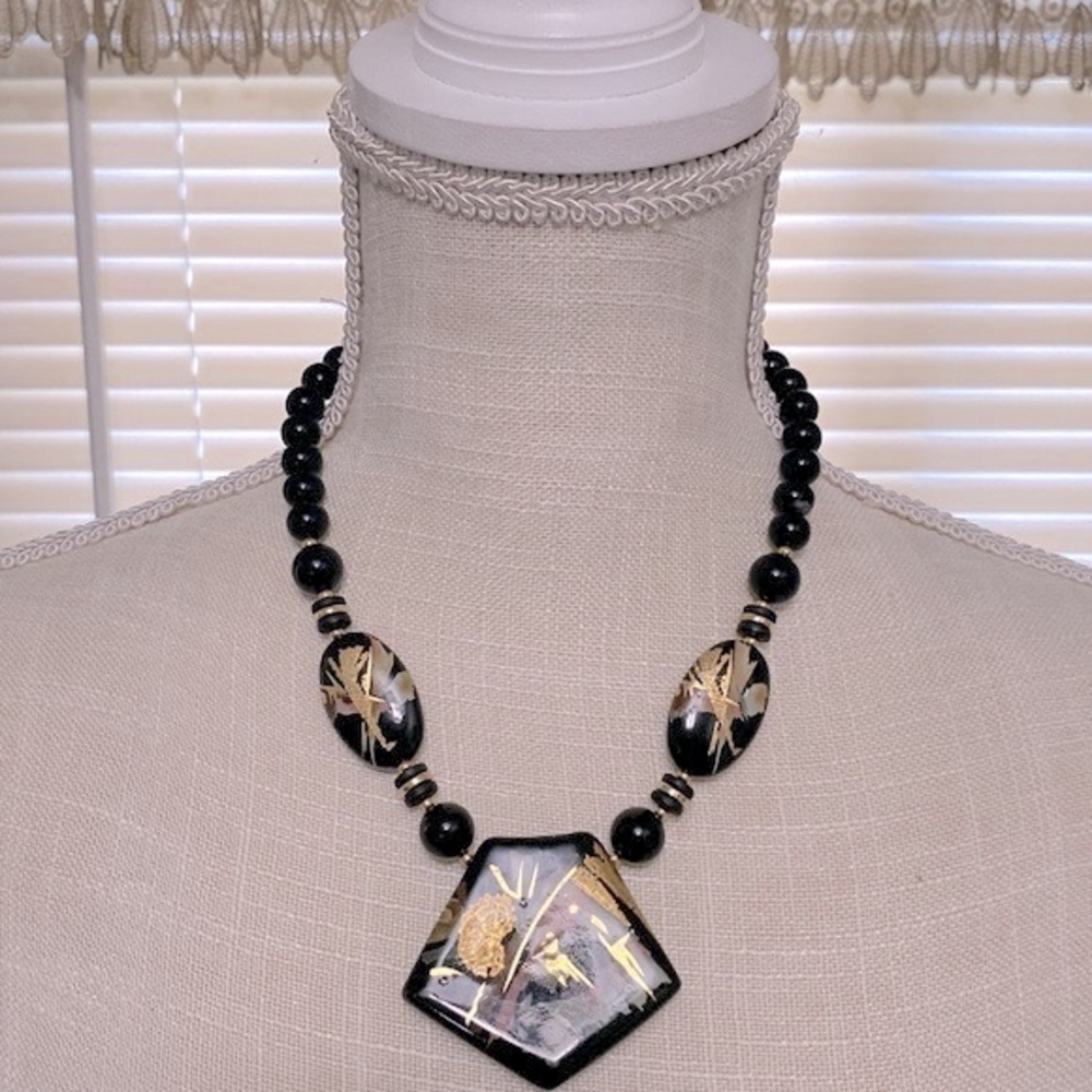 Japan Vintage costume jewelry hand painted black multi color lacquer necklace